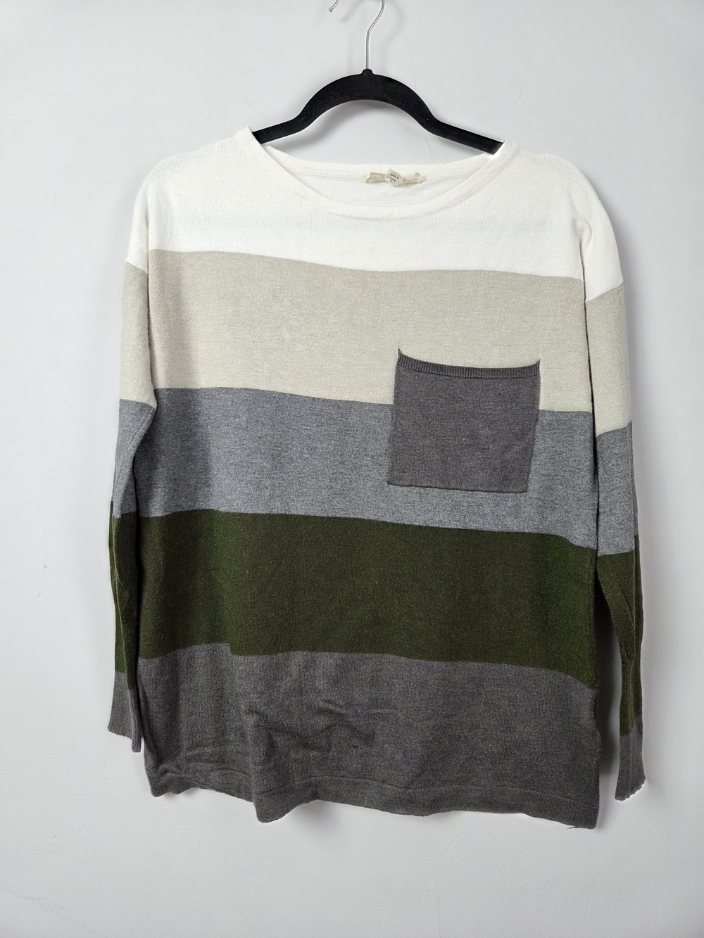 lovestitch Men's Striped Crewneck Sweater in White, Gray & Olive